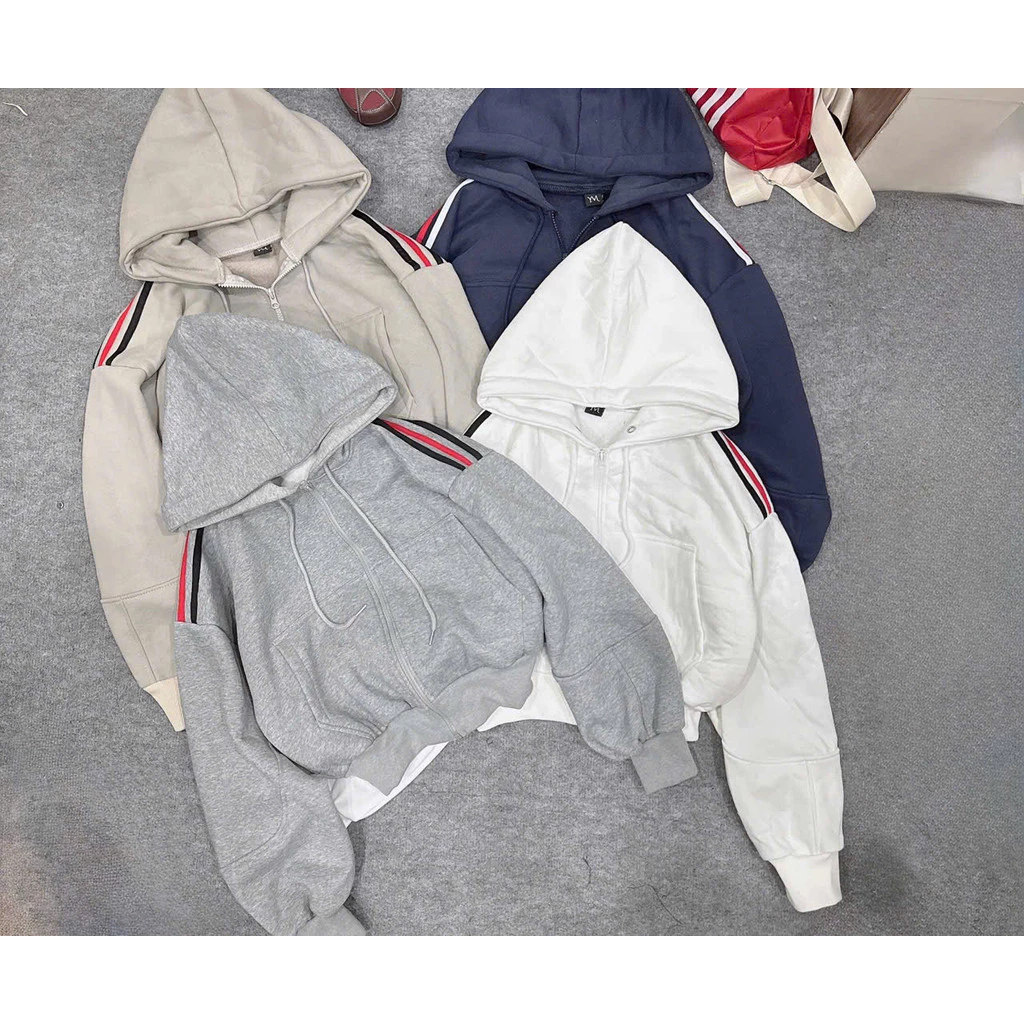 Áo Khoác Nỉ Hoodie Croptop 3 Sọc Form Rộng Khóa Kéo Nữ Dày Dặn Phong Cách Hàn Quốc NY NA STORE