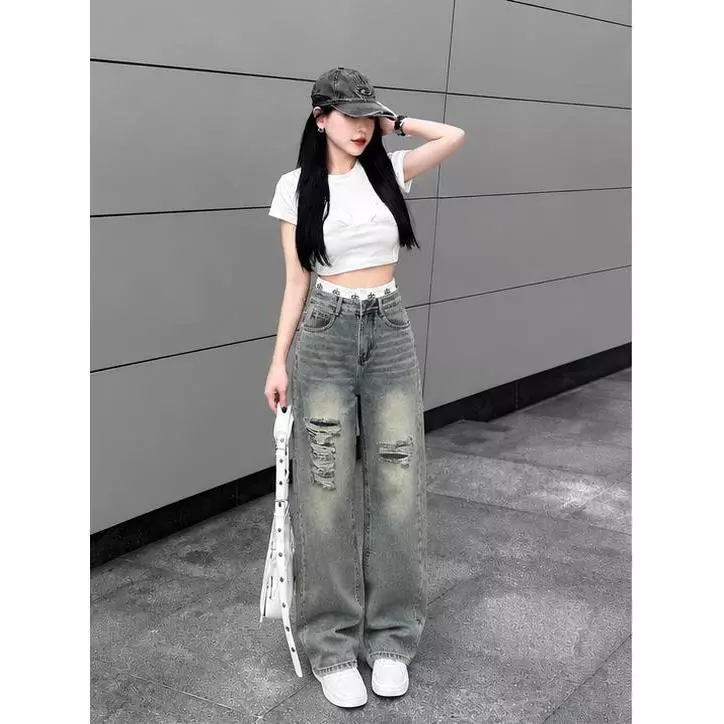 Quần jean ống rộng wash loang rách cá tính.Chất liệu jean denim dày dặn
