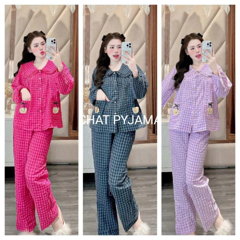 Pyjama Nữ Dài - Sét Bộ Kẻ Xốp Cổ Bèo Túi Gấu Siêu Xinh Nhẹ Mềm Thoải Mái Mã 568 B50760