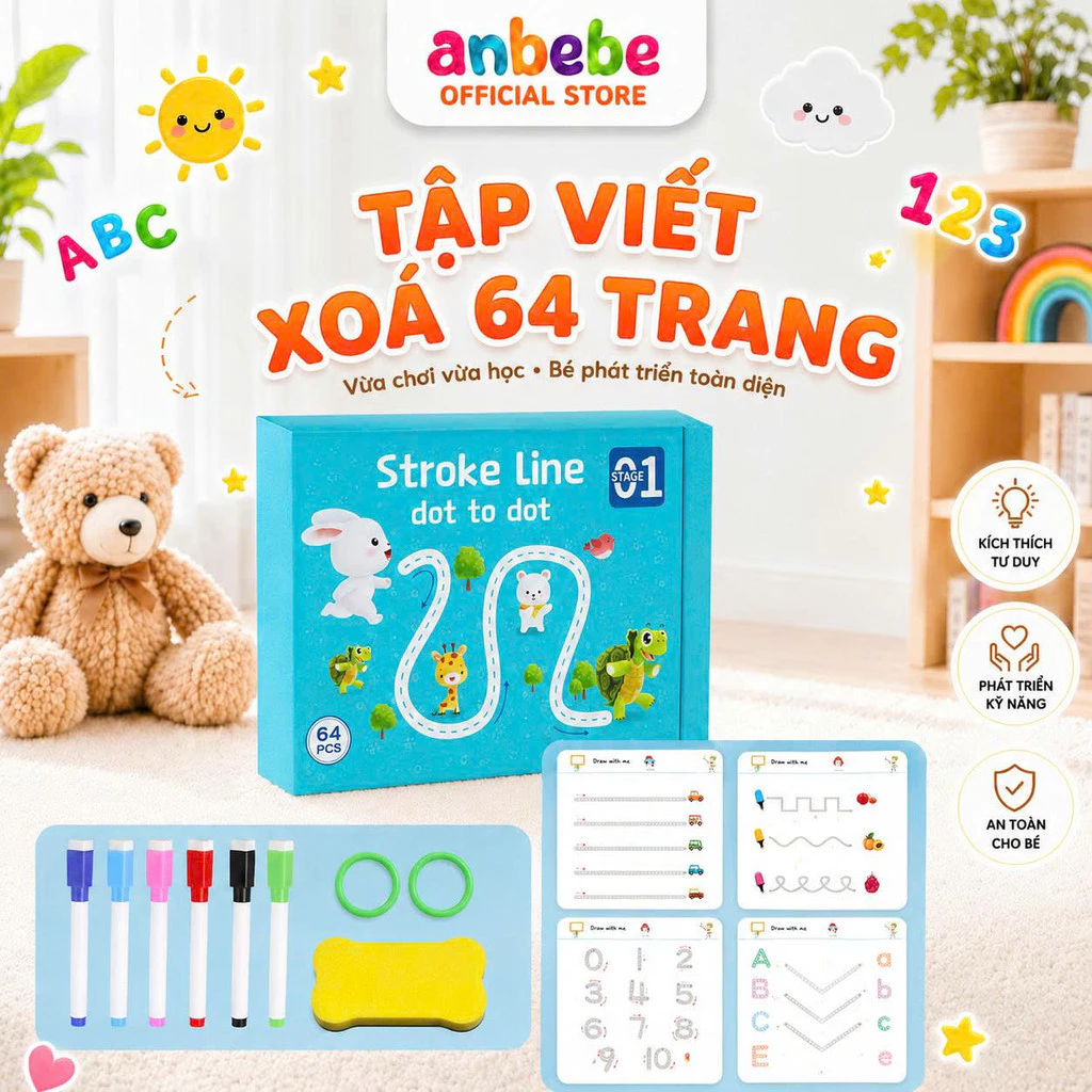 Combo Tập Tô Vẽ Thông Minh ANBEBE Xóa Được 64Trang Tặng 6 Bút, Đồ Chơi Giáo Dục Cho Bé 2-5 Tuổi đang được đối chiếu cho người mua tại Việt Nam