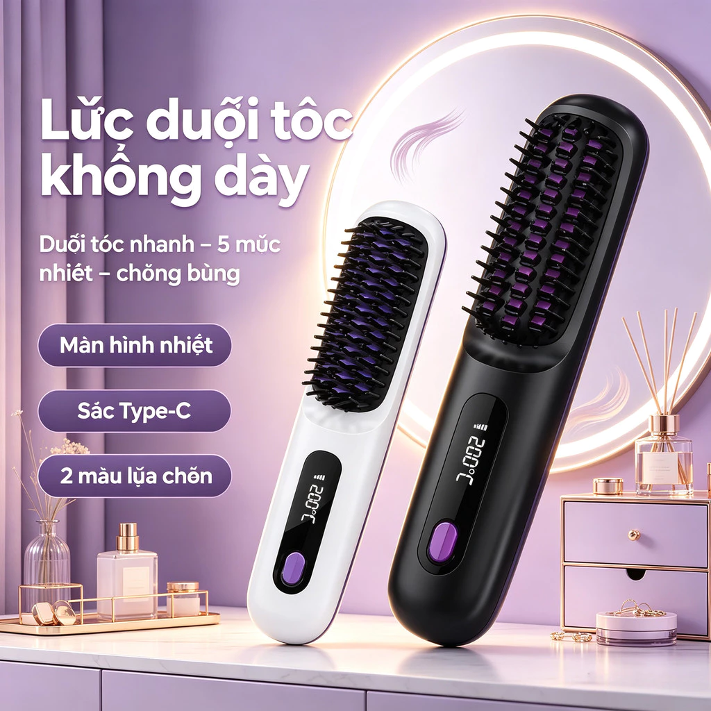 Lược điện không dây ion âm - Chăm sóc tóc suôn mượt, tạo kiểu Tóc Suôn Mượt Tạo Kiểu Dễ Dàng Mang Theo