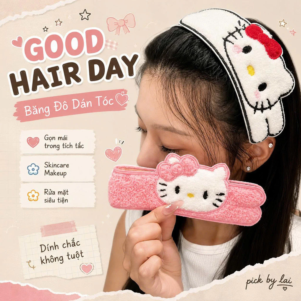 Băng Đô Dán Tóc Thêu Kitty Bông, Miếng Dán Tóc Rửa Mặt Makeup Khóa Dán Velcro Mềm Mại