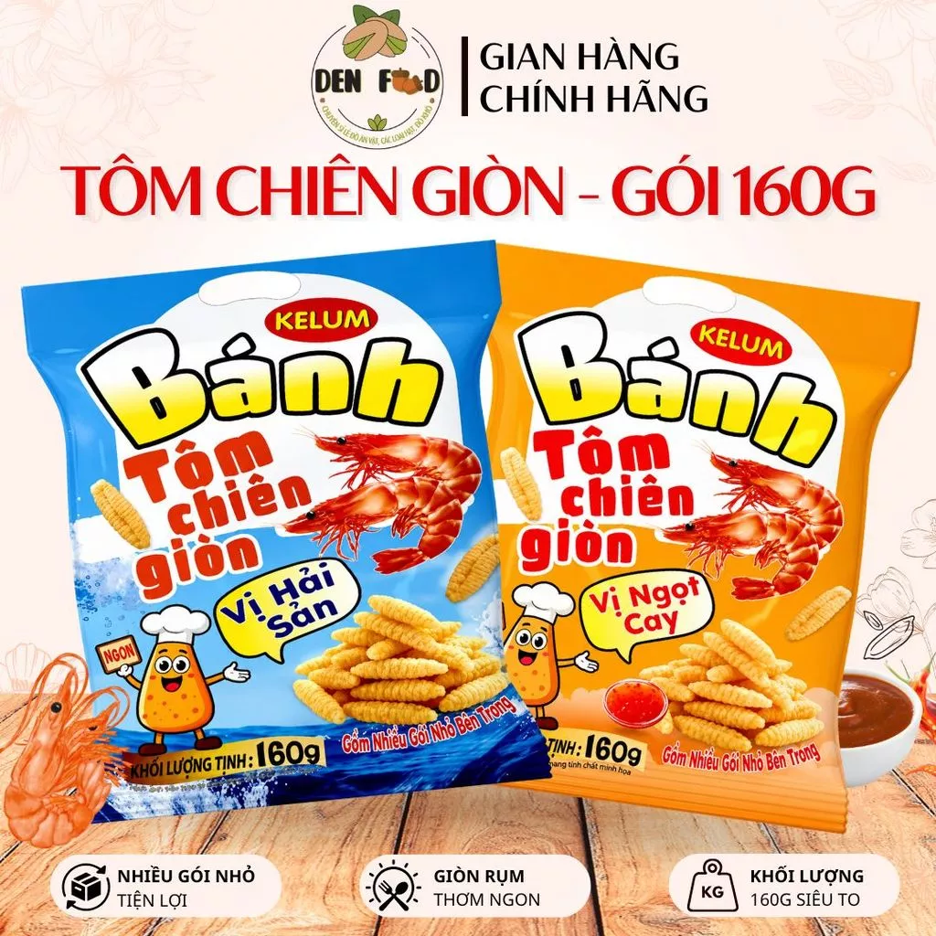 [SNACK TÔM KHỔNG LỒ] Bánh Tôm Chiên Giòn Kelum 160G – Giòn Rụm Đậm Vị Hải Sản – Ăn Vặt Denfood