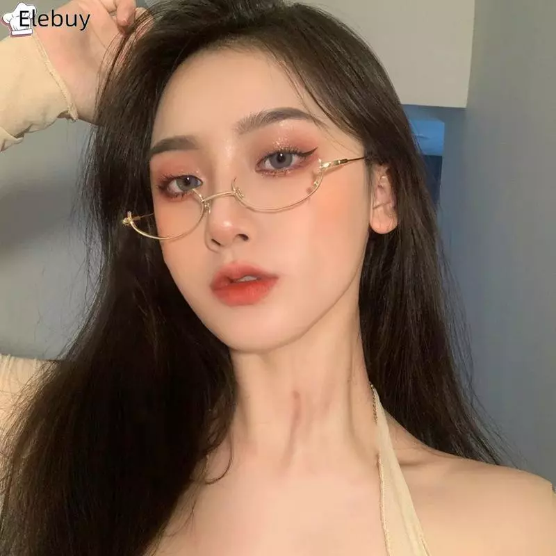 [Ele-T] Kính cổ điển Khung kim loại nửa không có ống kính Cô gái Trang trí tiệc Cosplay sang trọng Kính nửa khung kim loại không ống kính có dây chuyền