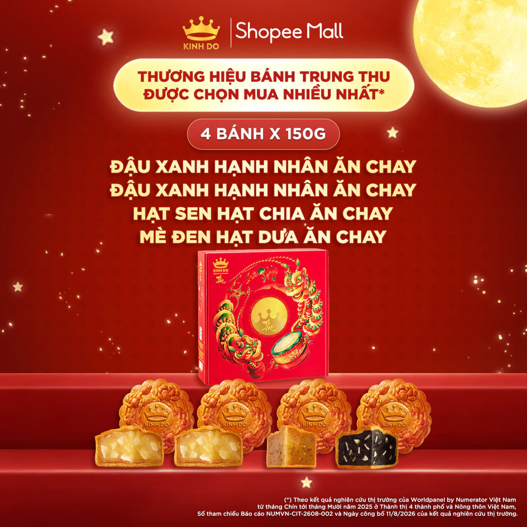 [HỎA TỐC][KOL] [CÓ TÚI + HỘP] Combo 4 bánh trung thu Kinh Đô - Bánh Ăn Chay Không Trứng (4 bánh x 150g)