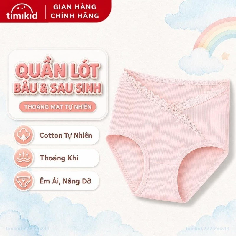 Quần Lót Bầu Và Sau Sinh Phối Ren Chất Cotton Tăm Tự Nhiên, Thoáng Khí, Eo Thấp, Cạp Chéo - Timikid