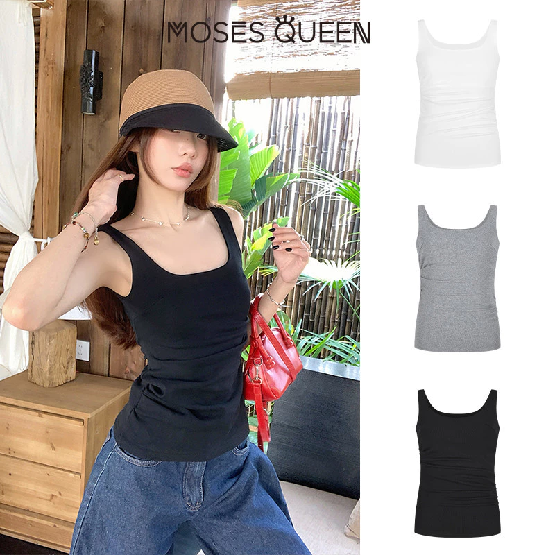 MOSESQUEEN Áo hai dây nữ phong cách Hàn cổ U màu trắng, thiết kế eo xếp ly ôm sát, áo thời trang không tay #62928