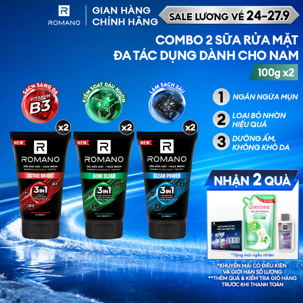 Combo 2 Sữa rửa mặt Romano đa tác dụng dành cho nam giới 100g: Cấp ẩm, Loại bỏ nhờn, Sáng da/Ngừa mụn/Làm sạch sâu