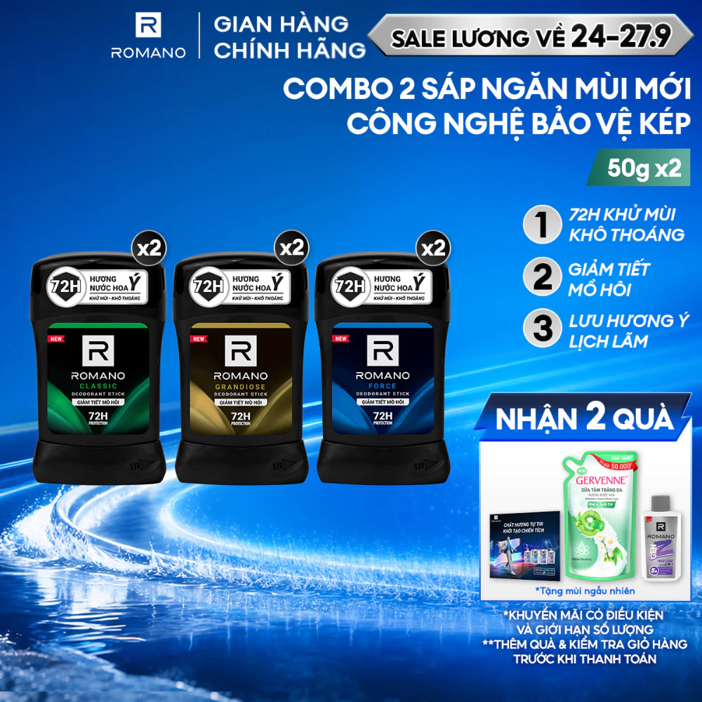 Combo 2 Sáp ngăn mùi cho nam Romano 50g - Khử mùi 72H, lưu hương Ý dài lâu