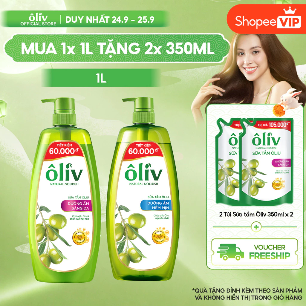 [VOUCHER SVIP 20%] Sữa Tắm Ôliv 1L Tặng  2 Túi Sữa Tắm Ôliv Dưỡng Ẩm Sáng Da 350MLx2