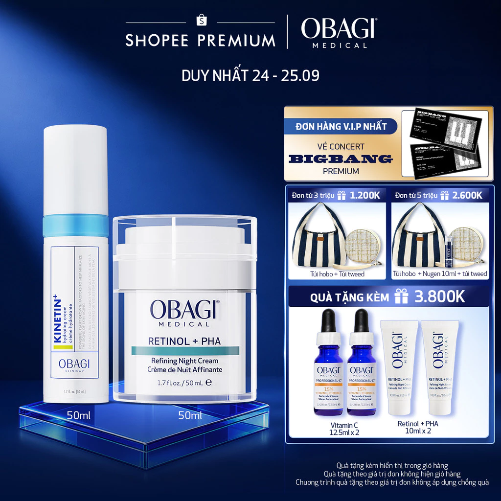 Bộ đôi Kem Dưỡng Đêm Obagi Retinol + PHA 50ml và Kem Dưỡng Dịu Da Kinetin+ Hydrating 50ml