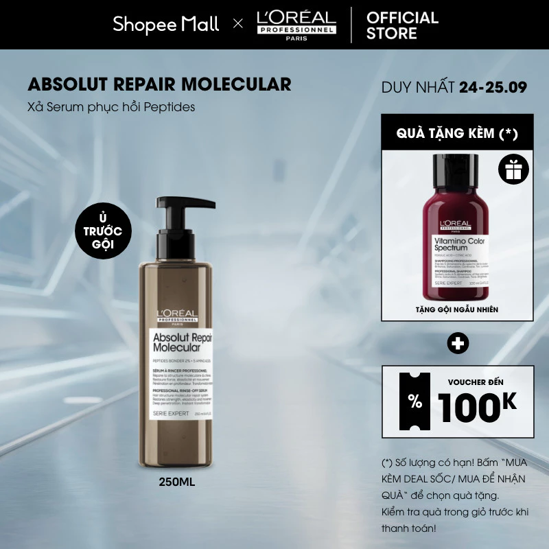 Xả Serum phục hồi Peptides chuyên nghiệp cho tóc hư tổn L'Oréal Professionnel Absolut Repair Molecular 250ml