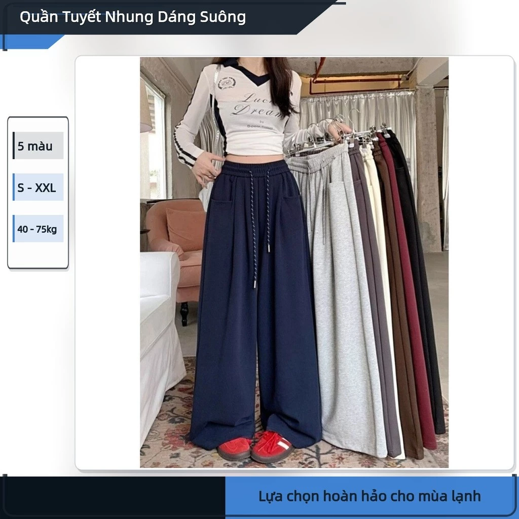Quần ống rộng nữ cạp chun dây rút vải tuyết nhung dày dặn dáng suông dài chạm đất phong cách Hàn Quốc