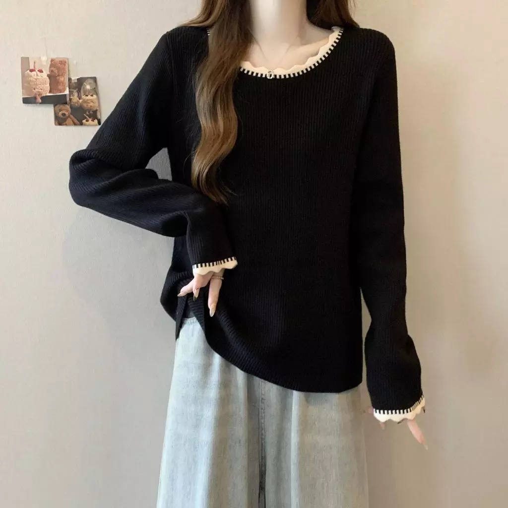 Phụ Nữ Mùa Xuân Thu Bên Trong Lớp Thời Trang Plus Kích Thước Rời Ren Viền Dài Tay Áo Top