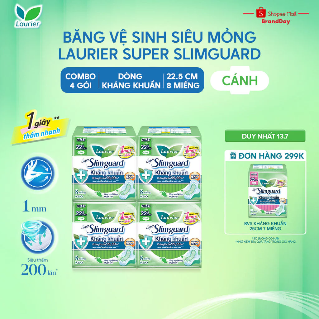 [LIVESTREAM] Combo 4 Băng Vệ Sinh Laurier Siêu Mỏng 1mm Kháng Khuẩn 22.5cm 8 miếng