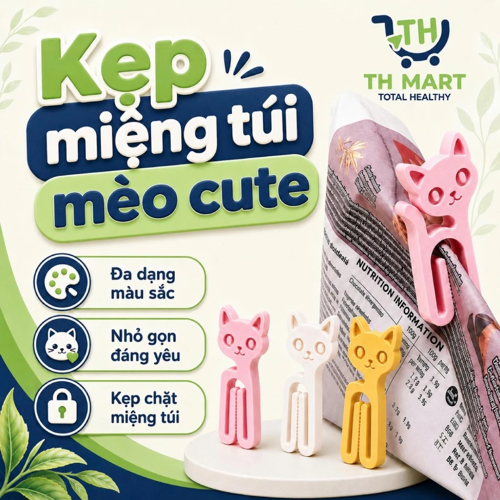 Bộ 20 Kẹp Miệng Túi Hình Mèo Cute Bảo Quản Snack Ngũ Cốc Cà Phê Gia Vị Thực Phẩm Khô