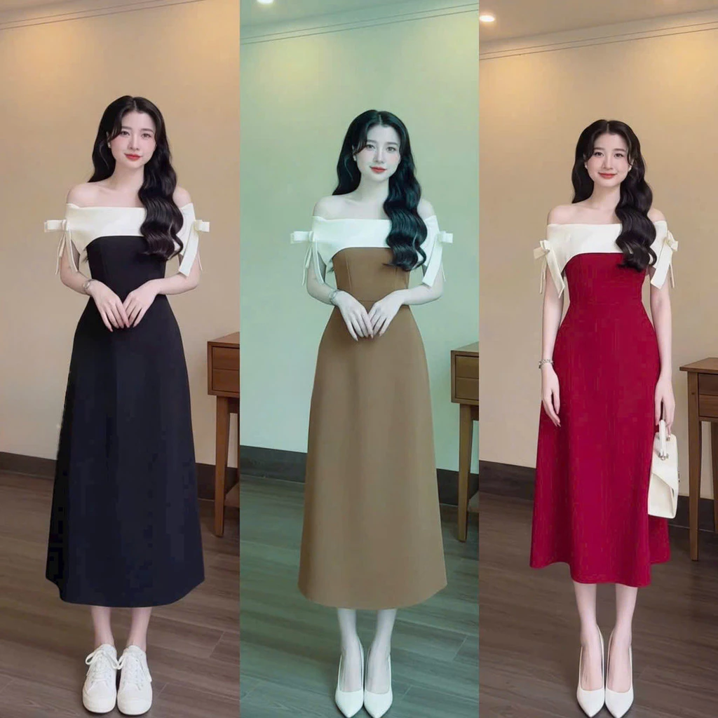 Đầm Dự Tiệc Trễ Vai Phối Màu Nơ Vai - Đầm Dài Thiết Kế Thanh Lịch Tôn Dáng Cao Cấp HIYU 66 STORE