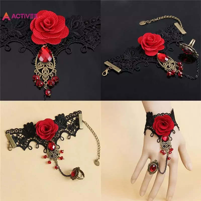 < Activee > Vòng tay hoa hồng ren đỏ phong cách Gothic thanh lịch mới hấp dẫn với nhẫn đeo tay có thể điều chỉnh đẹp