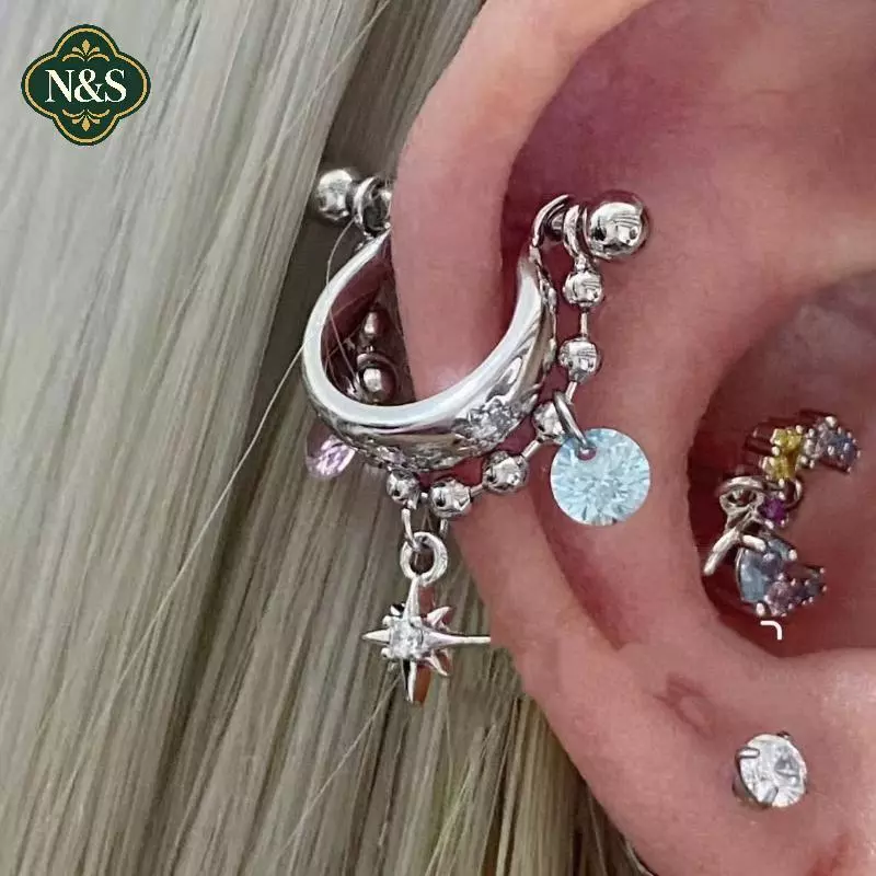 NS Thời Trang Mới Chéo Xương Tai Móng Tay Sáng Bóng Zircon Hợp Thời Trang Bông Tai Dành Cho Nữ Cơ Thể Xuyên Phụ Kiện NS