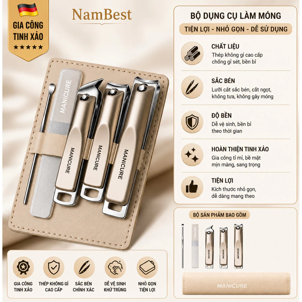 Bộ Bấm Móng Tay NamBest PLUS+ Cắt Ngọt Sắc Bén Bền Bỉ Thép Không Gỉ 420J2 Mạ Titan Chống Gỉ Sét Sang Trọng