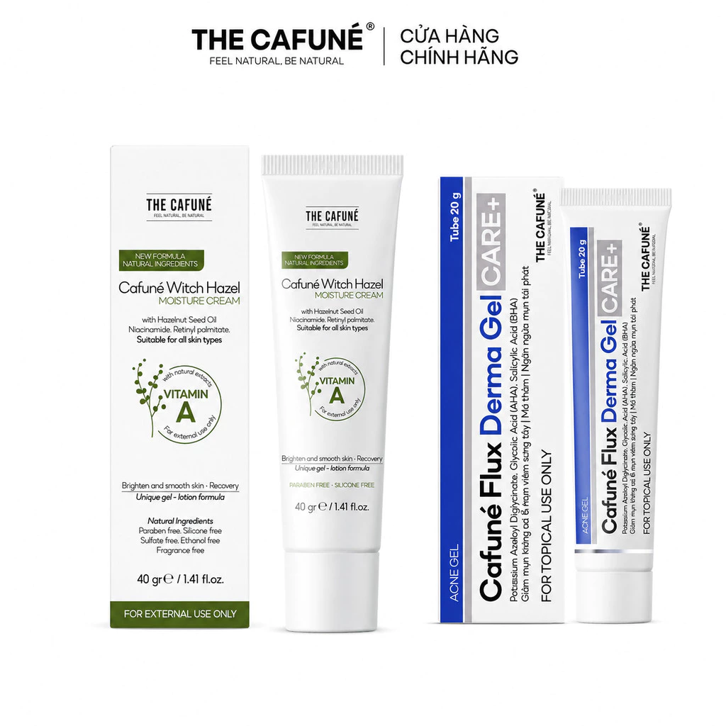 [COMBO GIẢM 39%] Bộ Đôi Chăm Sóc Da Mụn Cafuné: Gel Chấm Mụn Flux Derma 20g + Kem Dưỡng Ẩm Witch Hazel 40g