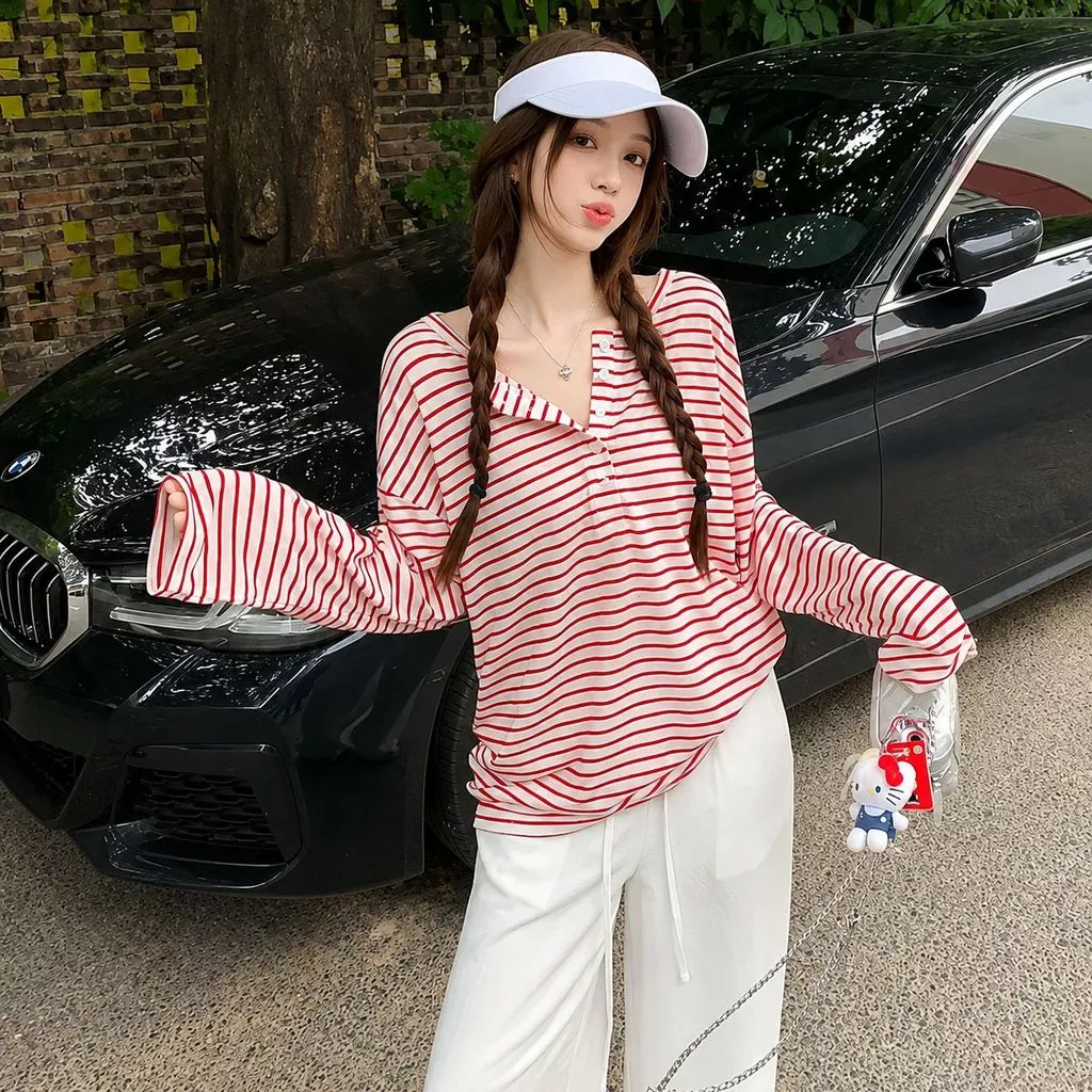 Áo Phông Nữ Dài Tay Cổ Trụ Kẻ Sọc Form Rộng, Áo Thun Cotton Giấy Co Giãn Thoáng Mát Hàn Quốc Hot Trend
