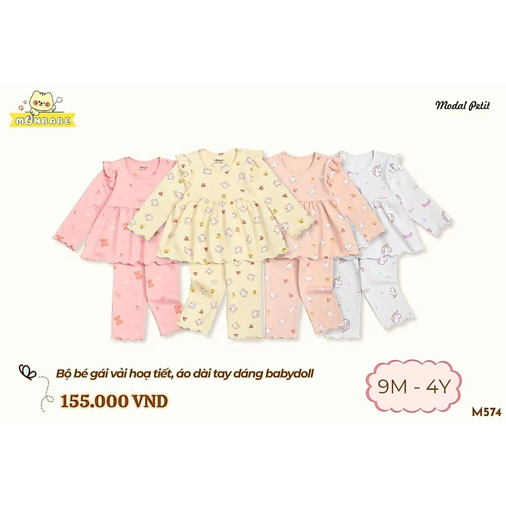 MUNBABE Bộ quần áo dài tay chất modal petit mềm mát cho bé từ 9 tháng đến 4 tuổi