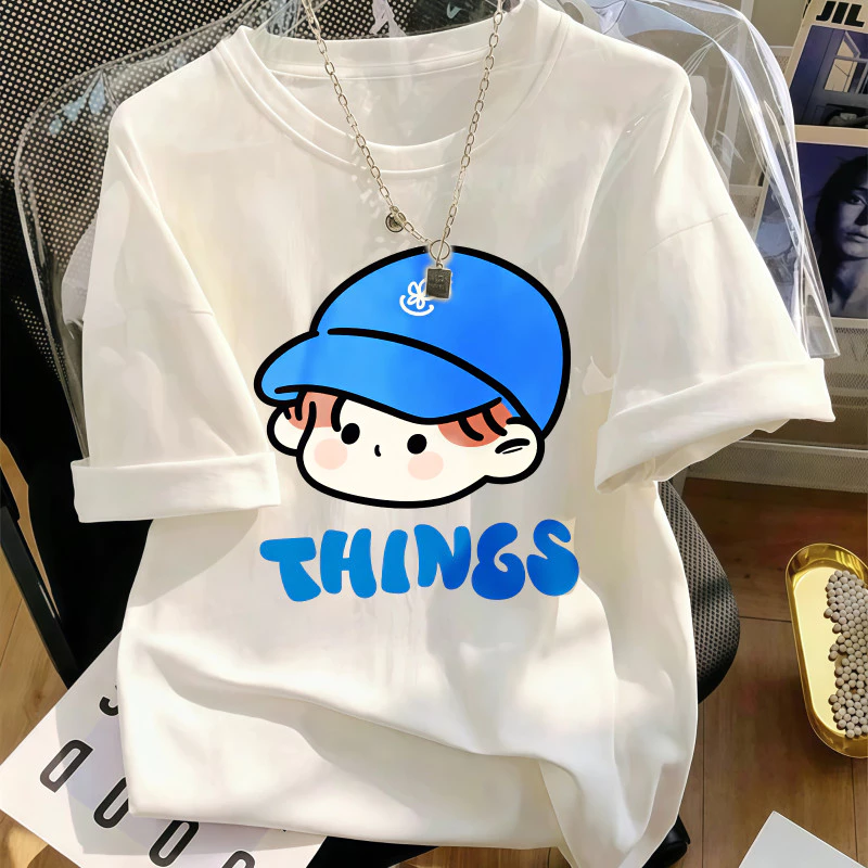 Áo thun nữ thường ngày cổ tròn trắng bé trai hoạt hình thời trang đơn giản dễ phối đồ hàng ngày