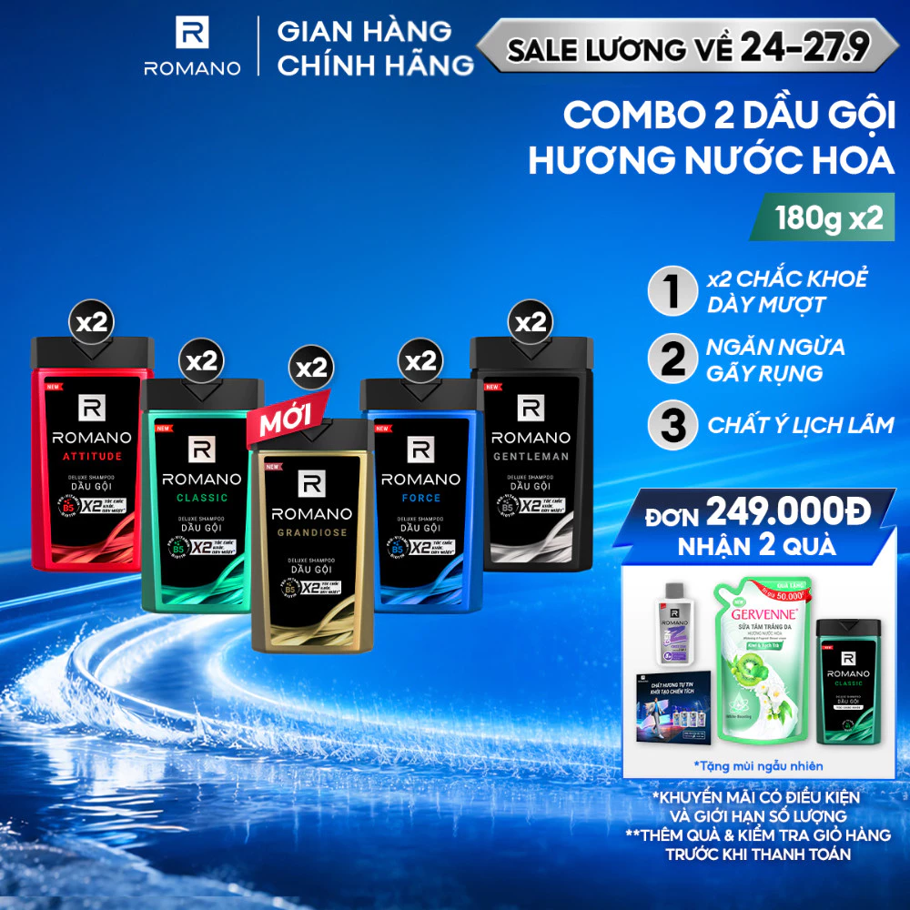 Combo 2 Dầu gội nam Romano hương Nước hoa nam 180g/chai