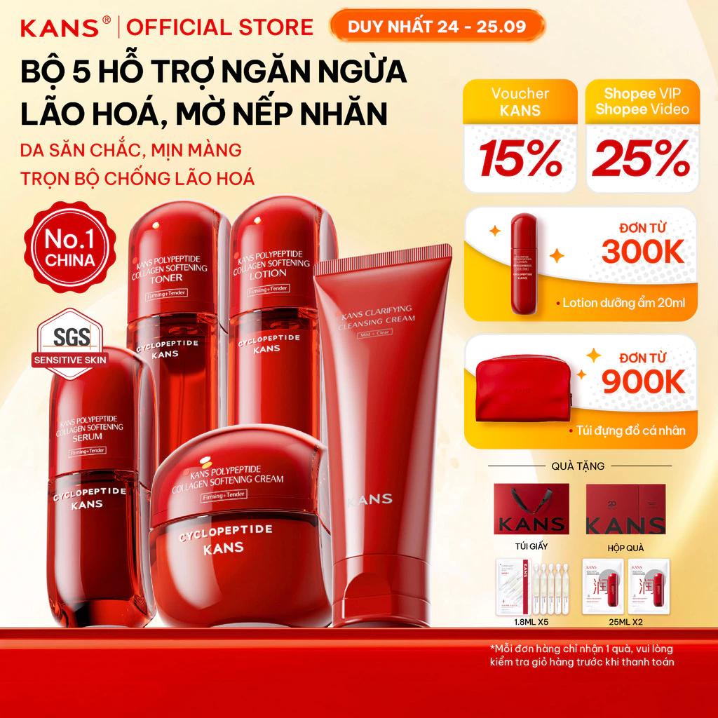 KANS Combo 5 Món Dưỡng Da Chống Lão Hóa Sữa Rửa Mặt - Toner - Lotion - Serum - Kem Dưỡng giúp Cấp Ẩm, Làm Mờ Nếp Nhăn