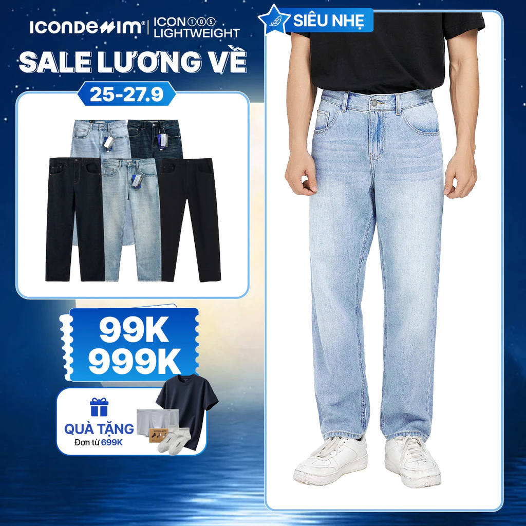 Quần jeans nam ICONDENIM, quần bò ống đứng, dáng suông, công nghệ Lightweight siêu nhẹ, chống nhăn tốt ICON105