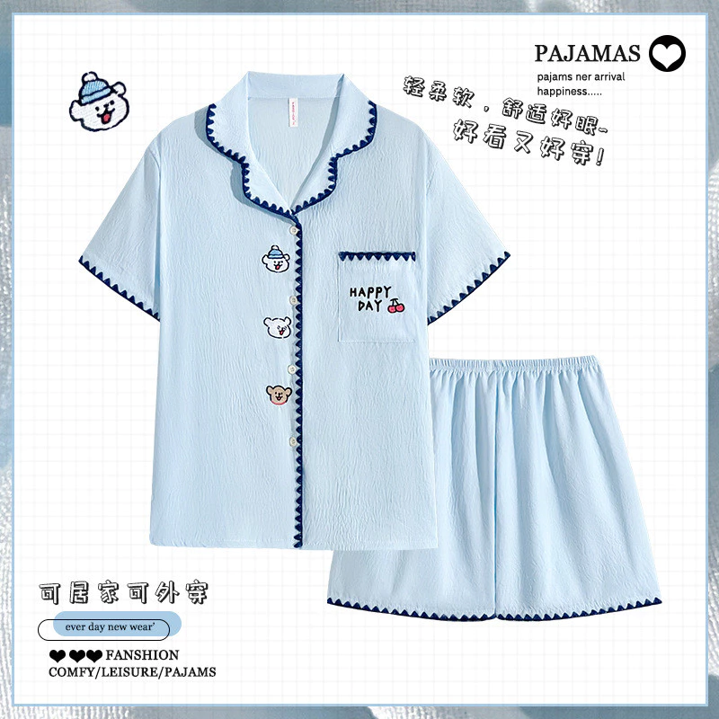 Bộ Đồ Ngủ Nữ Tay Ngắn Quần Short Thêu Gấu Hoạt Hình Cổ Bẻ Cotton Mềm Mại Dễ Thương Ngọt Ngào Mặc Nhà Thoáng Khí Mùa Hè