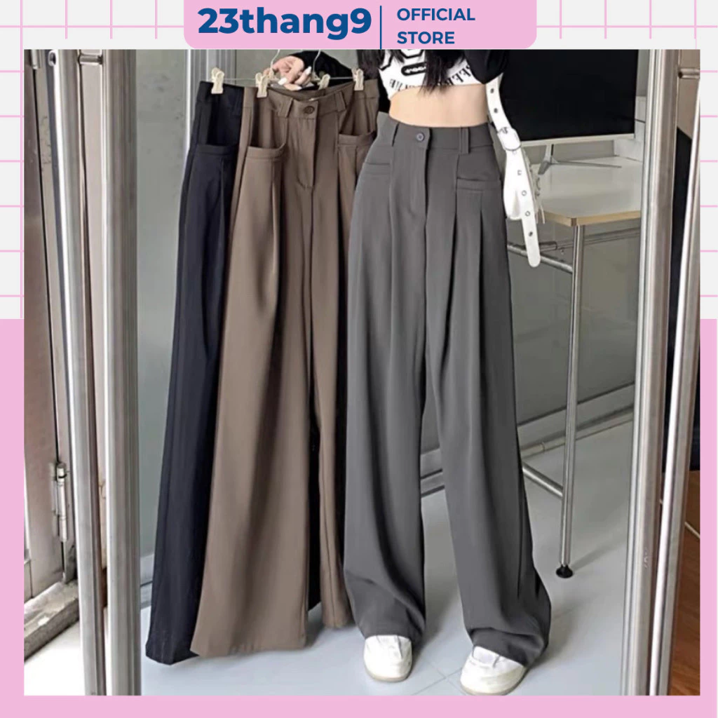 Quần ống rộng nữ , quần ống suông nữ lưng cao túi trước màu đen màu nâu vải Ruby dày dặn dáng culottes 100cm 20