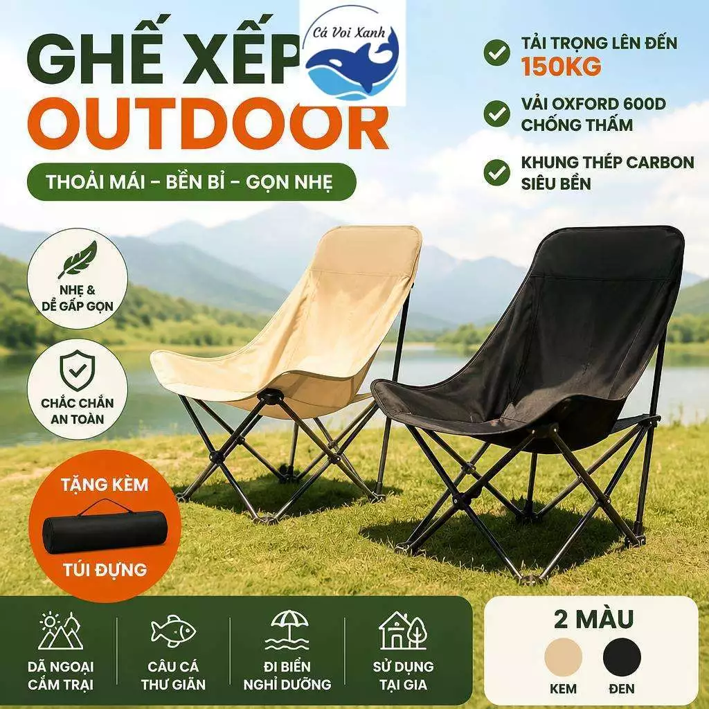 【COD】Blue Whale Ghế Xách Tay Cắm Trại 150kg - Ghế Gấp Dã Ngoại Câu Cá Chống Nước Bền Bỉ Kèm Túi Đựng Tiện Lợi
