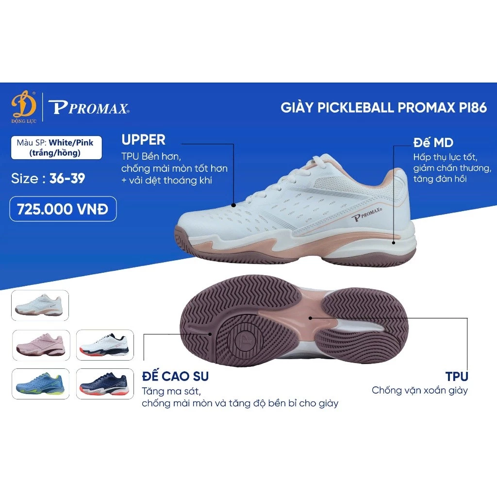 [Tăng 1 size] Giày Pickleball Nam Nữ Promax PI86 bền nhẹ êm chân bám sàn tốt