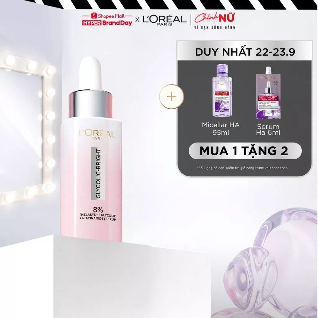 Serum Glycolic Melasyl 8% [Melasyl+Glycolic+Niacinamide] dưỡng sáng da, mờ thâm mụn & nám Loreal Paris 30ml