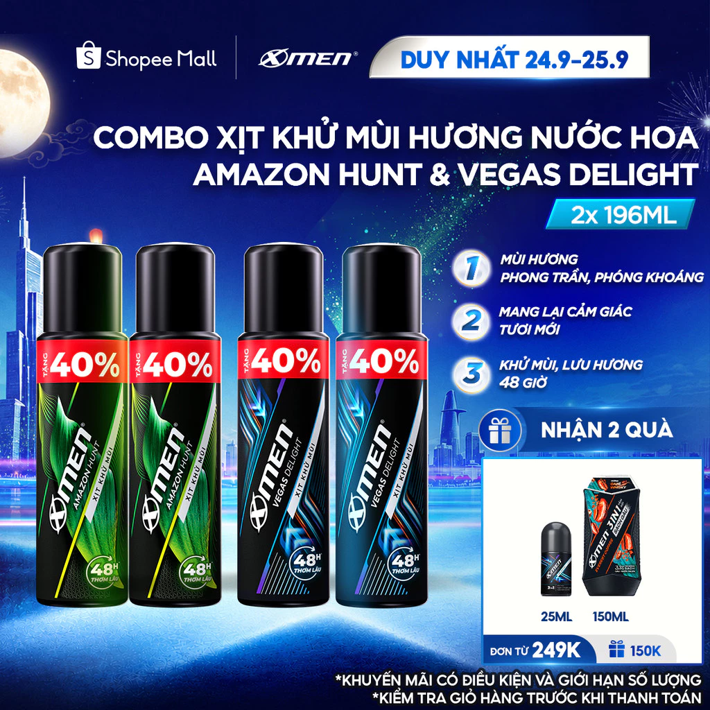 [Tăng 40% dung tích] Combo 2 Xịt Khử Mùi XMen 196ml Amazon Hunt/Vegas Delight - Hương Nước Hoa Phong Trần