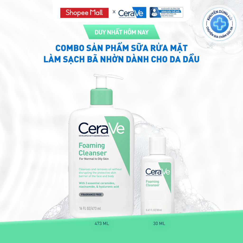 [DEAL ĐỘC QUYỀN - HannahOlala] Bộ sản phẩm sữa rửa mặt CeraVe làm sạch bã nhờn dành cho da dầu Foaming Cleanser
