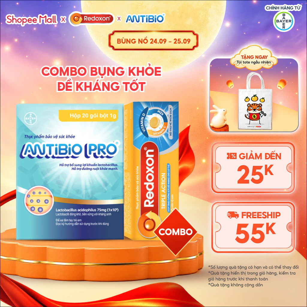 Combo Bụng Khỏe Đề Kháng Tốt: Viên Sủi Bổ Sung Vitamin C, D, Kẽm Redoxon Và Thực Phẩm Bảo Vệ Sức Khỏe Antibio Pro