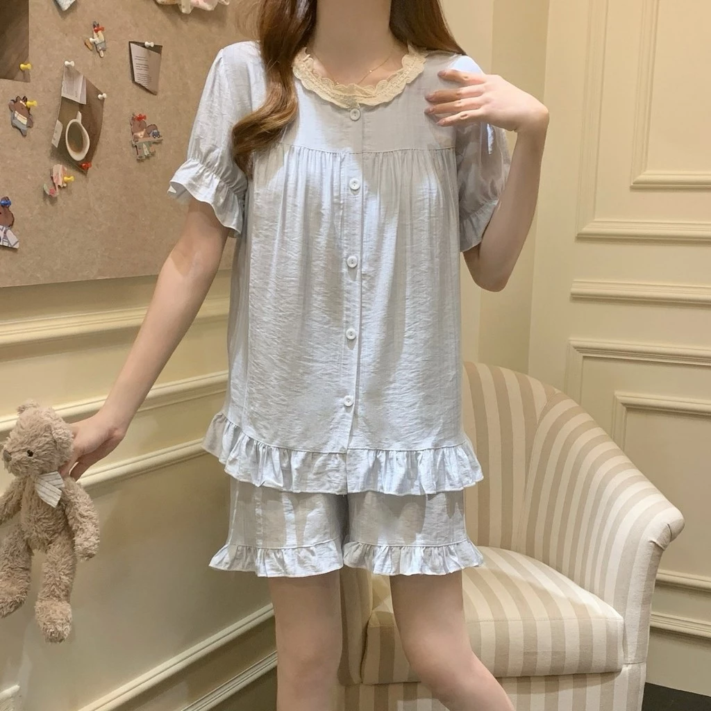 Bộ Đồ Ngủ Nữ Mùa Hè Cotton Có Đệm Ngực Tay Ngắn Phong Cách Công Chúa Ren Ngọt Ngào Bộ Mặc Nhà Thoáng Mát Dễ Thương