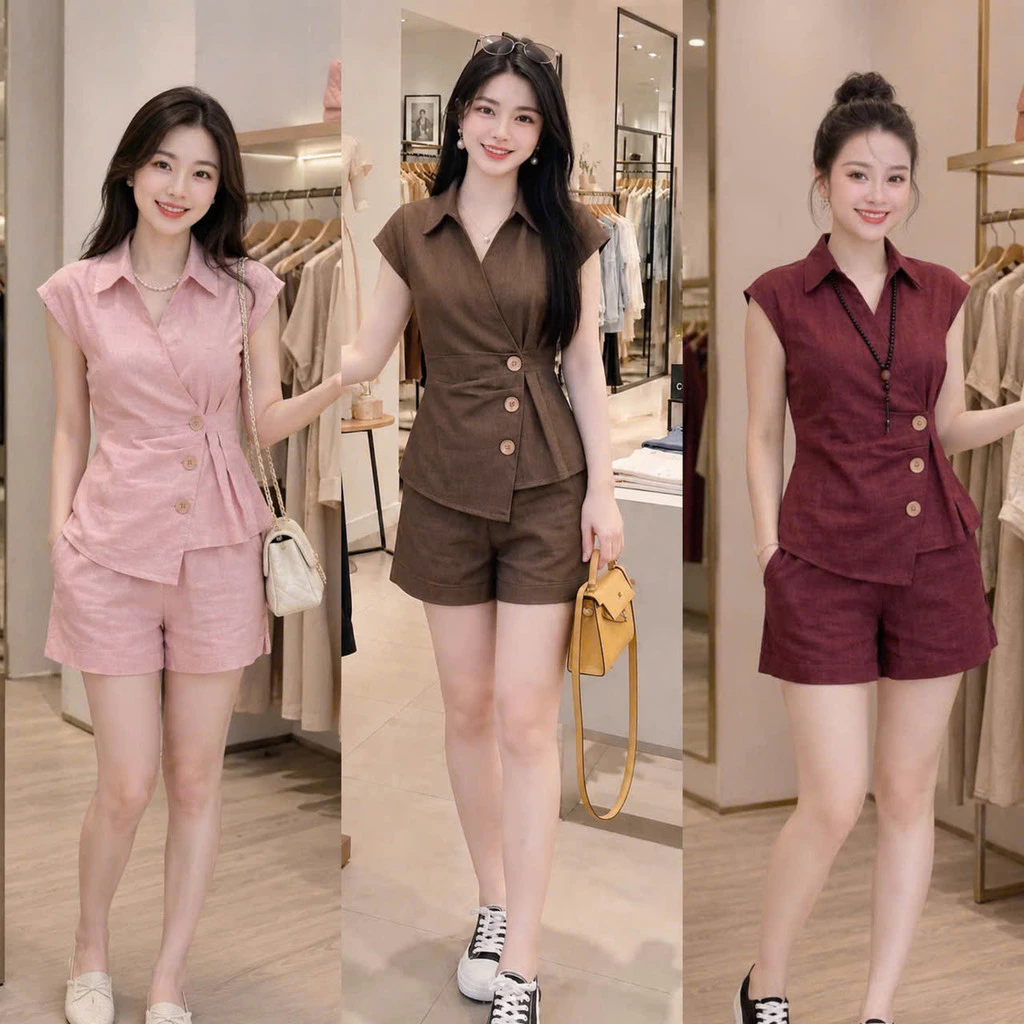 Set Bộ Nữ Thiết Kế Cổ Sơ Mi Cách Điệu Phối Cài Chéo 3 Nút Áo Mới Thời Trang Thanh Lịch Dễ MặC  NY NA STORE