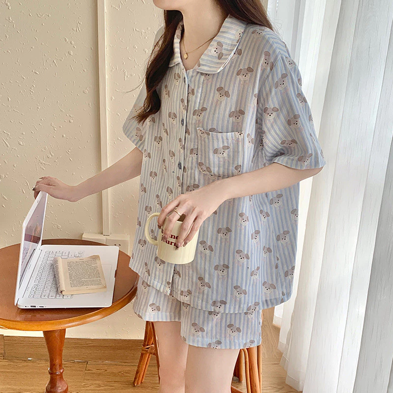 [40-80kg] Bộ đồ ngủ dành cho chó con sọc xanh dành cho nữ Mùa hè Influencer Plus Size Quần Short ngắn tay mỏng Đồ mặc nhà cho nữ Pyja