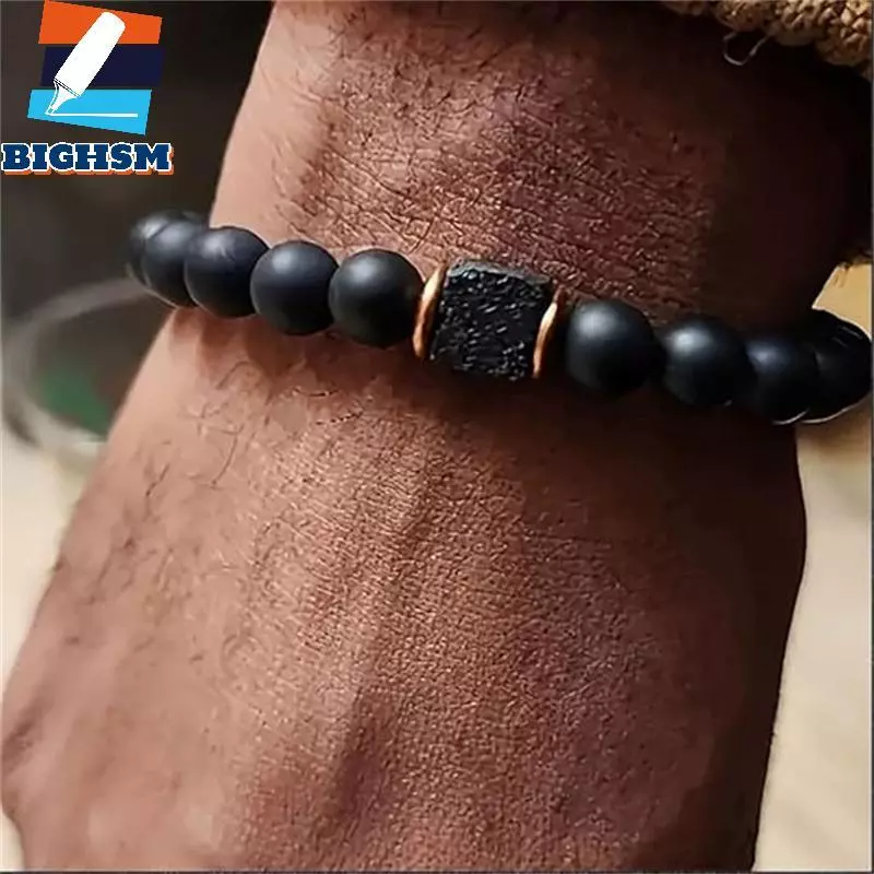 [BIGHSM] Vòng tay nam có thể điều chỉnh đàn hồi 8mm Bla Onyx & Lava Stone Beads Vòng tay dành cho nam Hạt Vòng tay quyến rũ có dây đàn hồi