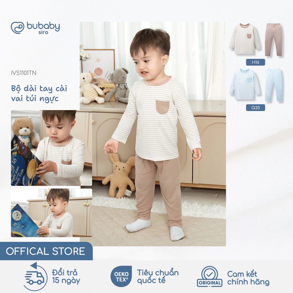 Bộ quần áo dài tay túi ngực BU Baby, bộ dài tay trẻ em, bộ dài bé trai ấm áp, bộ ngủ | IVS1101TN