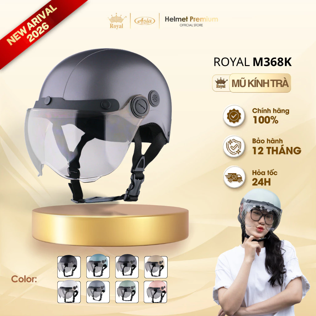 Mũ Bảo Hiểm Nửa Đầu Royal M368K Kính Trà, Lưỡi Trai, Nón Sơn Nhiều Màu Sắc, Nam Nữ, Royal Chính Hãng