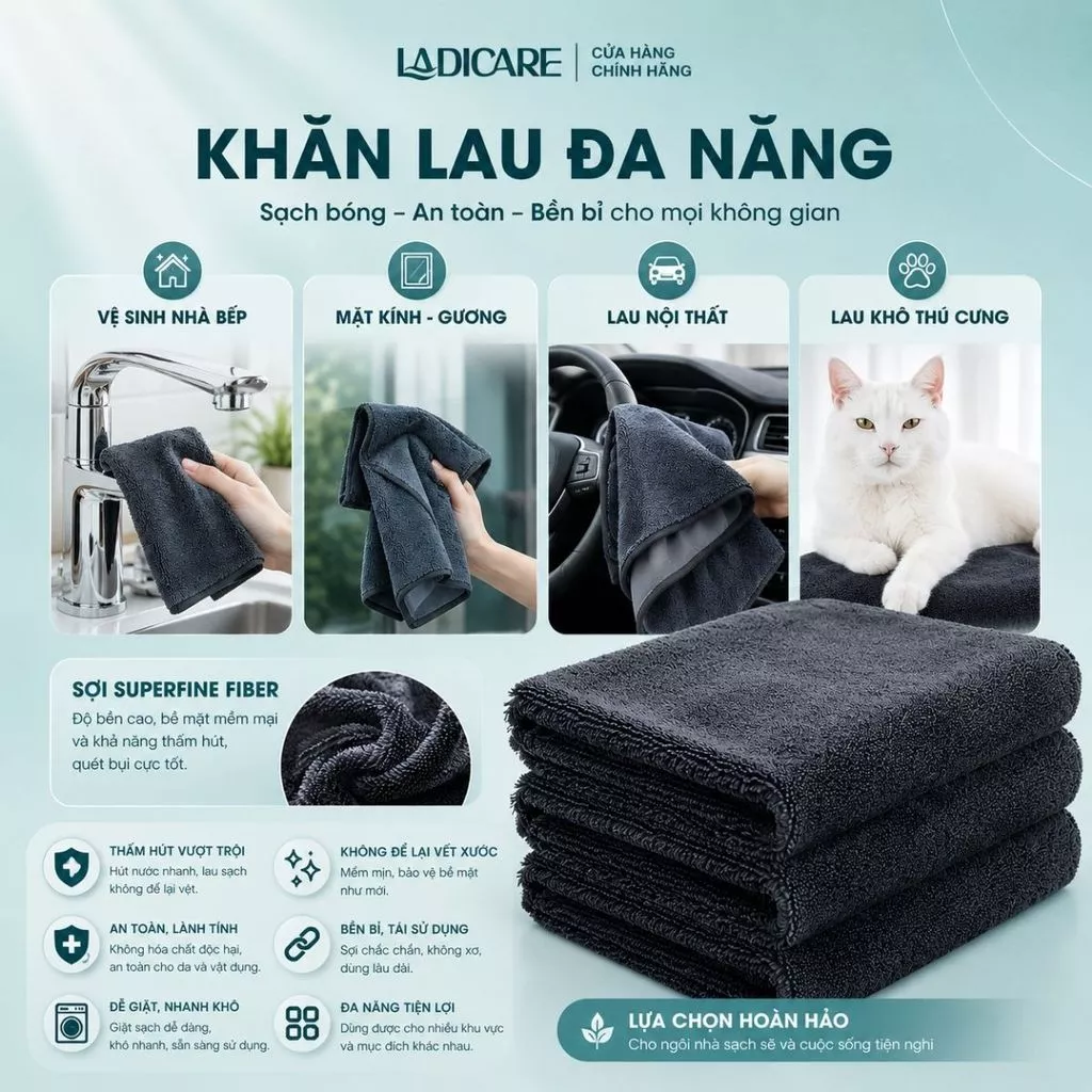 Khăn Lau Đa Năng LADICARE 40x60cm, Khăn Microfiber Superfine Fiber 2 Mặt Siêu Thấm Hút, Mềm Mịn, Không Trầy Xước