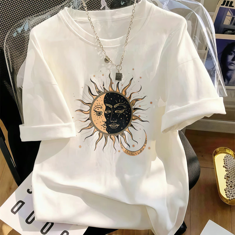 Áo thun nữ cổ tròn form rộng cotton thoáng mát in họa tiết thời trang basic mặc hàng ngày phối đồ dễ size S‑XXXL#0016