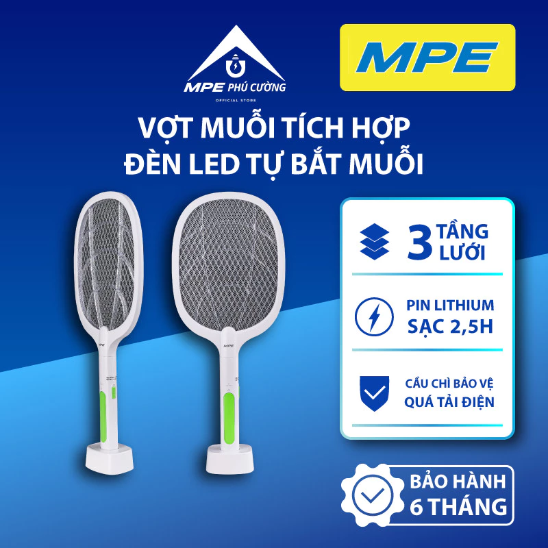 (CHÍNH HÃNG) MPE - Vợt muỗi thông minh 3 tầng lưới có đèn LED tự bắt muỗi Chính hãng MPE Phú Cường