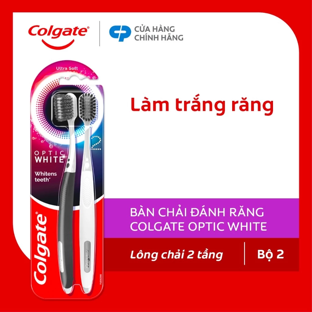 Bộ 2 bàn chải Colgate trắng răng Optic White đầu chải to, lông chải 2 tầng xoắn kép