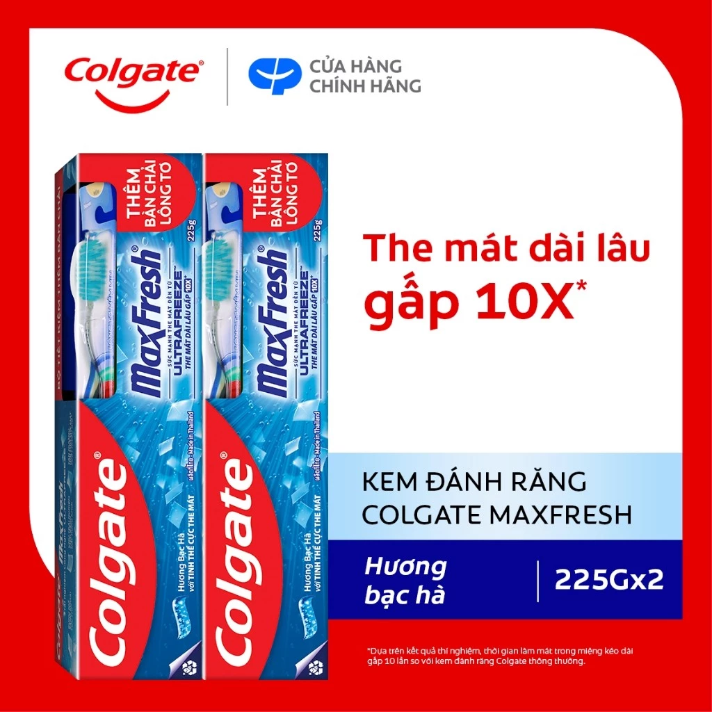 Bộ 2 Kem đánh răng Colgate Maxfresh bạc hà the mát 225g/tuýp tặng bàn chải